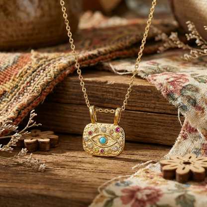Eye Necklace For Casual Wear Featuring Copper Material With Golden Plated Finish And Zircon Inlay On O Chain