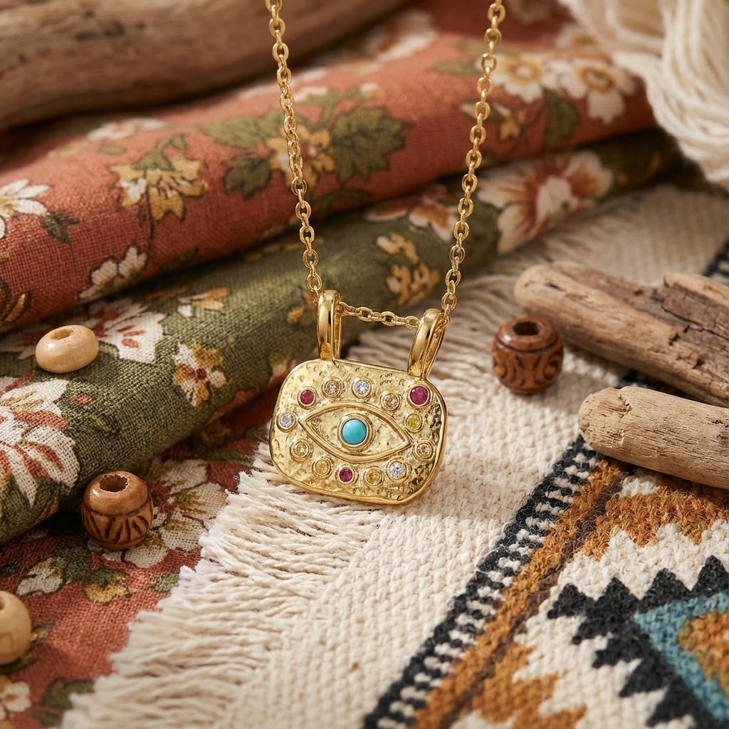 Eye Necklace For Casual Wear Featuring Copper Material With Golden Plated Finish And Zircon Inlay On O Chain