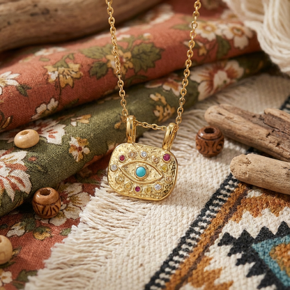 Eye Necklace For Casual Wear Featuring Copper Material With Golden Plated Finish And Zircon Inlay On O Chain