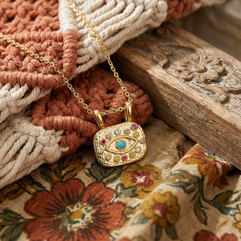 Eye Necklace For Casual Wear Featuring Copper Material With Golden Plated Finish And Zircon Inlay On O Chain