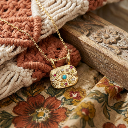 Eye Necklace For Casual Wear Featuring Copper Material With Golden Plated Finish And Zircon Inlay On O Chain