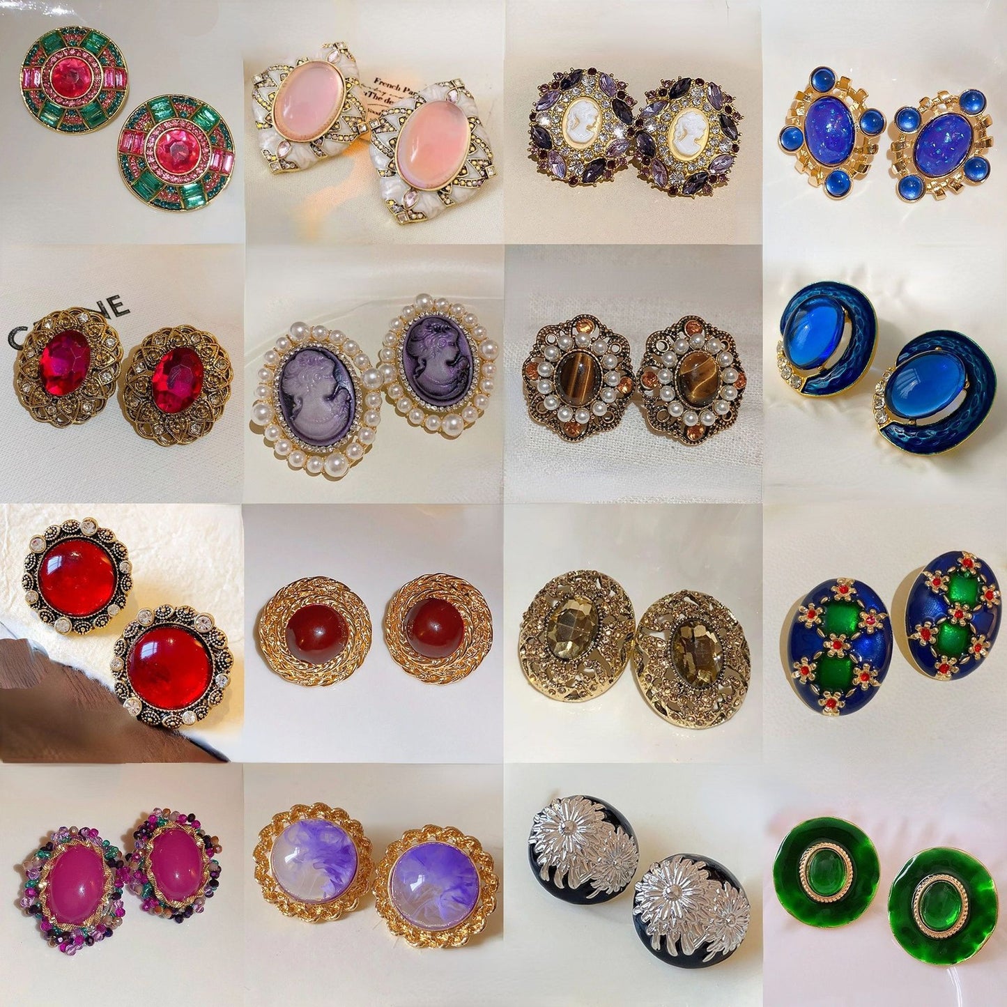 Round Enamel Stud Earrings For Women With Resin And Rhinestone Inlay, Electroplated Gold Plating Process