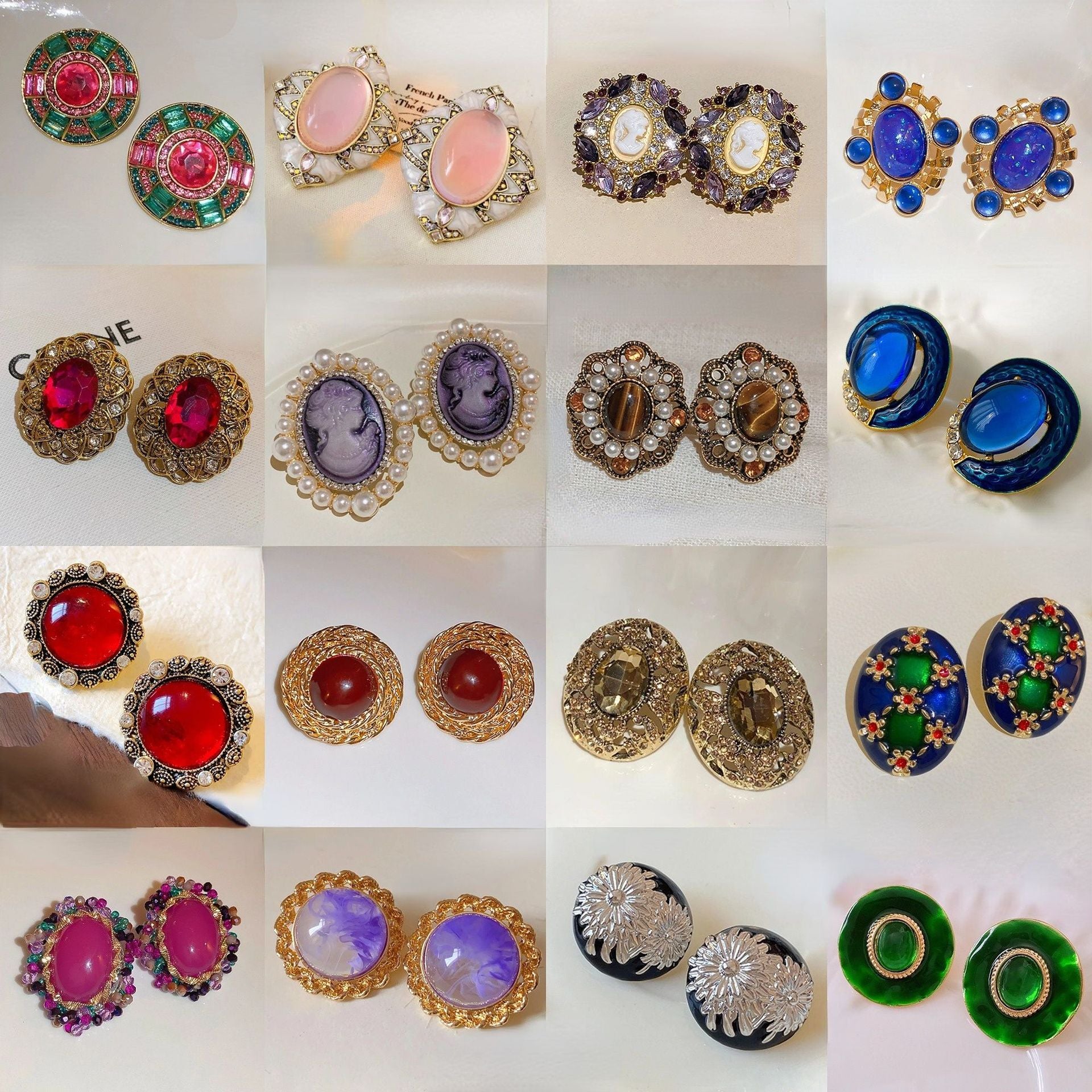 Round Enamel Stud Earrings For Women With Resin And Rhinestone Inlay, Electroplated Gold Plating Process