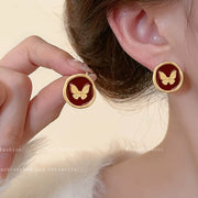 1#Silver Needle Oil Drop Round Butterfly Earrings