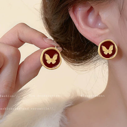Geometric Enamel Earrings For Women In Retro Style Featuring Red Metal Design
