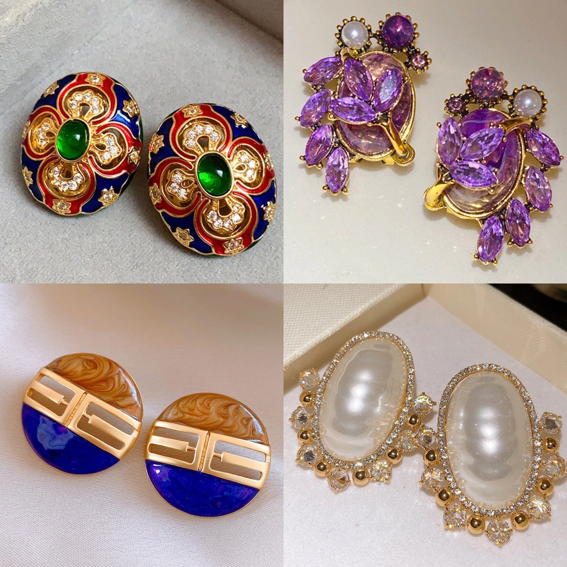 Round Enamel Stud Earrings For Women With Resin And Rhinestone Inlay, Electroplated Gold Plating Process