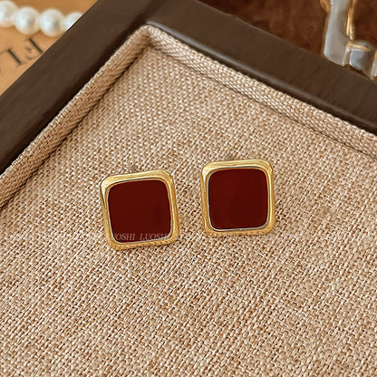Geometric Enamel Earrings For Women In Retro Style Featuring Red Metal Design