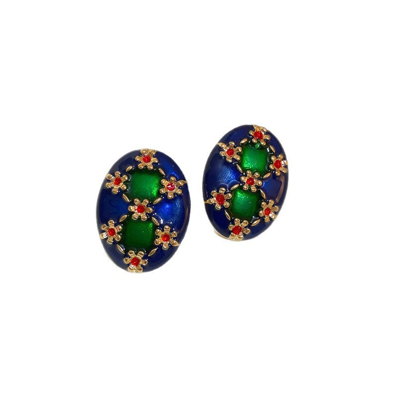 Round Enamel Stud Earrings For Women With Resin And Rhinestone Inlay, Electroplated Gold Plating Process