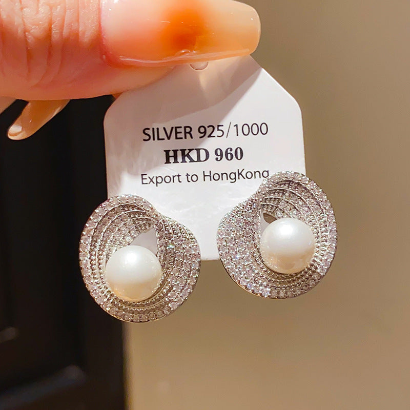 Retro Round Stud Earrings For Women With Tassel Craft, Imitation Pearl Material, And Zircon Inlay
