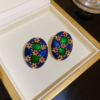 Round Enamel Stud Earrings For Women With Resin And Rhinestone Inlay, Electroplated Gold Plating Process