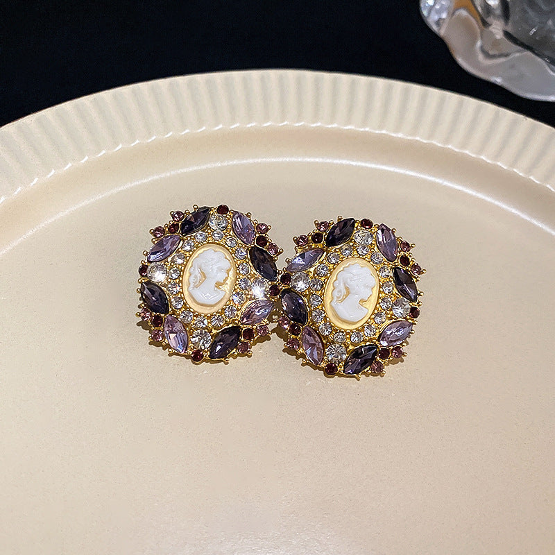 Round Enamel Stud Earrings For Women With Resin And Rhinestone Inlay, Electroplated Gold Plating Process