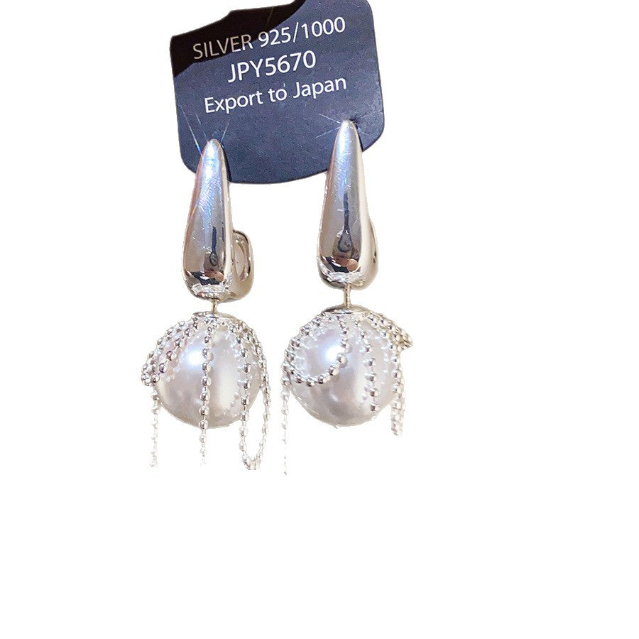 Retro Round Stud Earrings For Women With Tassel Craft, Imitation Pearl Material, And Zircon Inlay