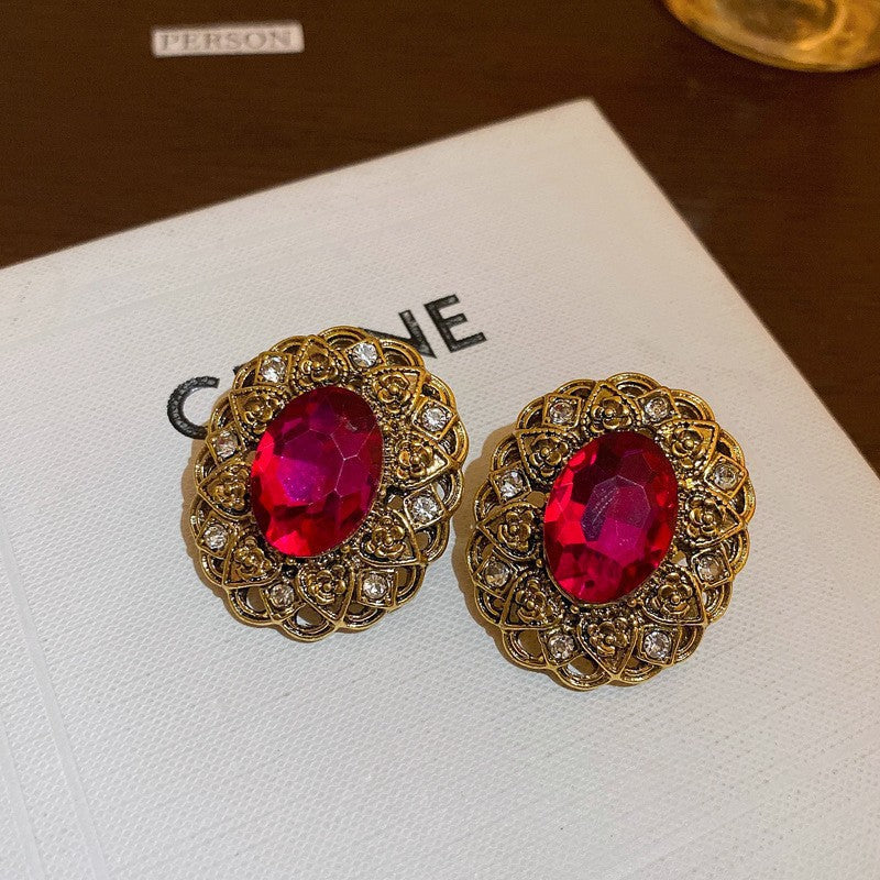 Round Enamel Stud Earrings For Women With Resin And Rhinestone Inlay, Electroplated Gold Plating Process