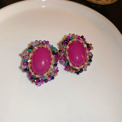 Round Enamel Stud Earrings For Women With Resin And Rhinestone Inlay, Electroplated Gold Plating Process