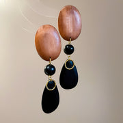 11#Silver Needle Wooden Bead Oval Water Drop Earrings