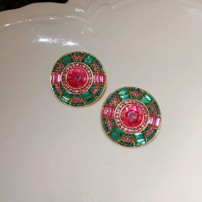 Round Enamel Stud Earrings For Women With Resin And Rhinestone Inlay, Electroplated Gold Plating Process
