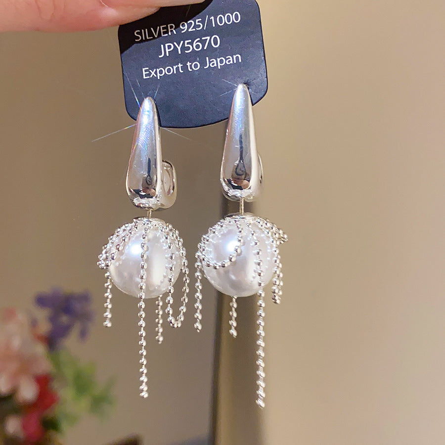 Retro Round Stud Earrings For Women With Tassel Craft, Imitation Pearl Material, And Zircon Inlay