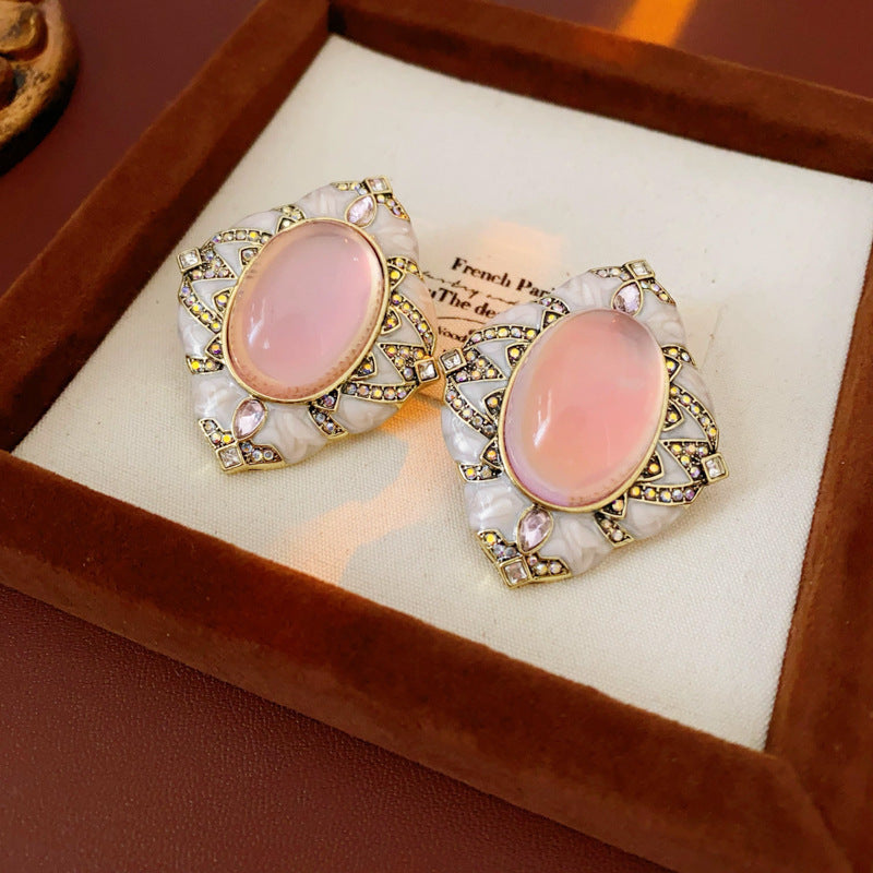 Round Enamel Stud Earrings For Women With Resin And Rhinestone Inlay, Electroplated Gold Plating Process