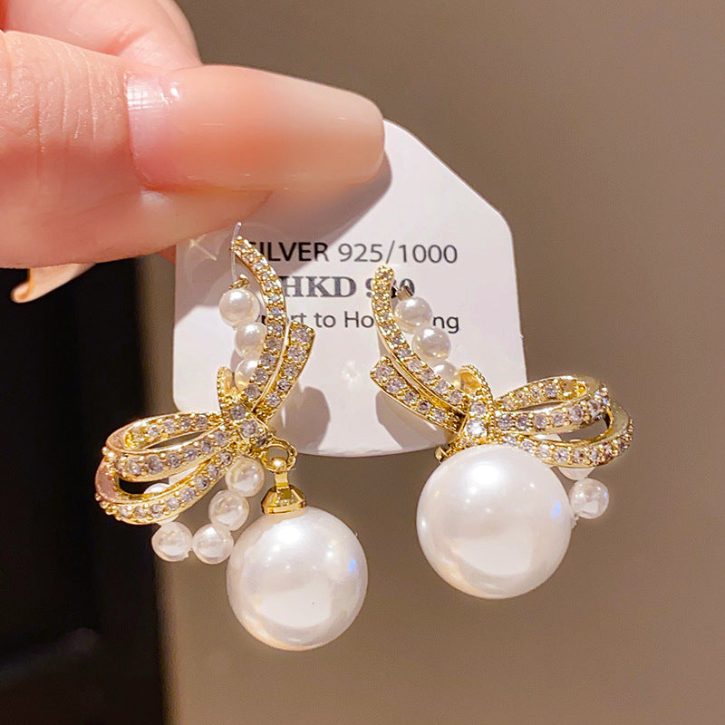 Retro Round Stud Earrings For Women With Tassel Craft, Imitation Pearl Material, And Zircon Inlay