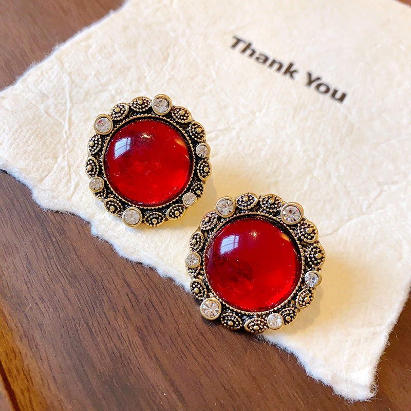 Round Enamel Stud Earrings For Women With Resin And Rhinestone Inlay, Electroplated Gold Plating Process
