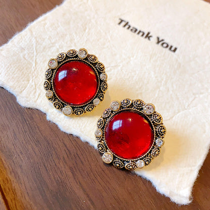 Round Enamel Stud Earrings For Women With Resin And Rhinestone Inlay, Electroplated Gold Plating Process