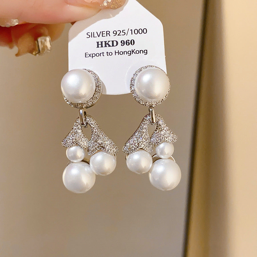 Retro Round Stud Earrings For Women With Tassel Craft, Imitation Pearl Material, And Zircon Inlay