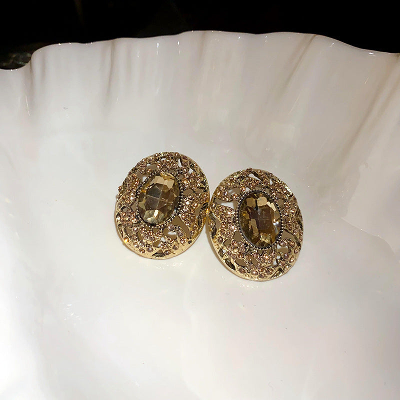 Round Enamel Stud Earrings For Women With Resin And Rhinestone Inlay, Electroplated Gold Plating Process