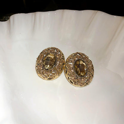 Round Enamel Stud Earrings For Women With Resin And Rhinestone Inlay, Electroplated Gold Plating Process