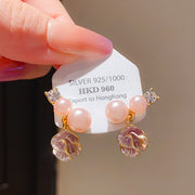 8#Silver Needle Inlaid Diamond Pearl Flower Pendant Earrings