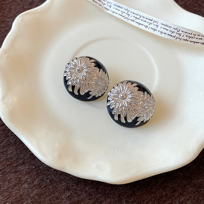 Round Enamel Stud Earrings For Women With Resin And Rhinestone Inlay, Electroplated Gold Plating Process