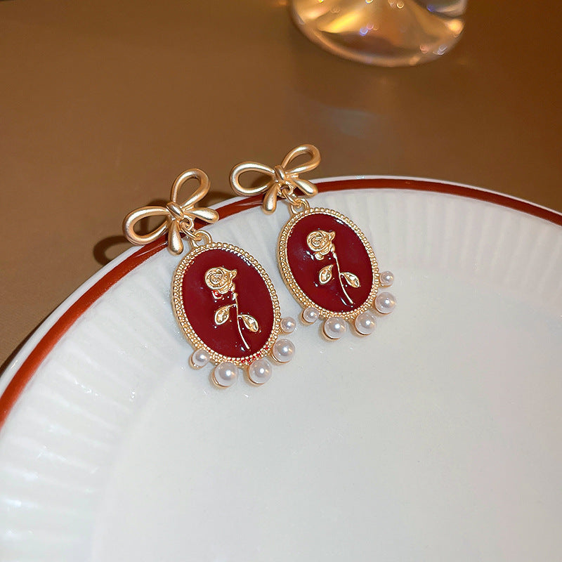 Geometric Enamel Earrings For Women In Retro Style Featuring Red Metal Design