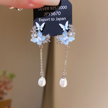 Retro Round Stud Earrings For Women With Tassel Craft, Imitation Pearl Material, And Zircon Inlay