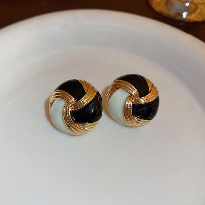 Round Enamel Stud Earrings For Women With Resin And Rhinestone Inlay, Electroplated Gold Plating Process
