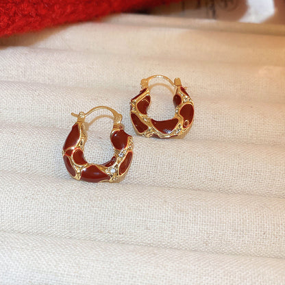 Geometric Enamel Earrings For Women In Retro Style Featuring Red Metal Design