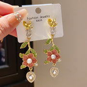 18#Pink-Silver Needle Diamond Flower Drop Earrings