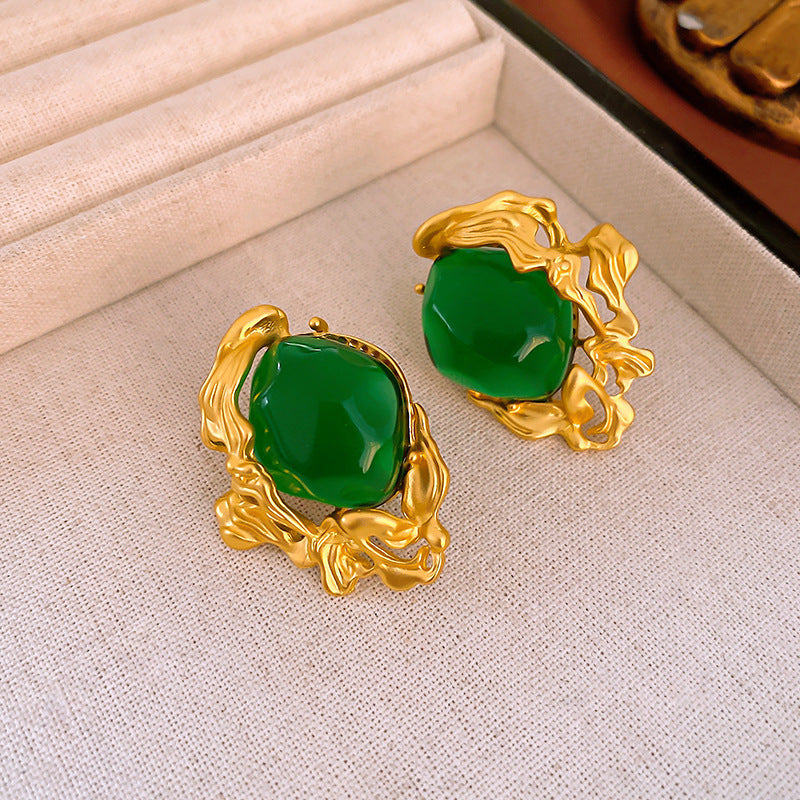 Round Enamel Stud Earrings For Women With Resin And Rhinestone Inlay, Electroplated Gold Plating Process