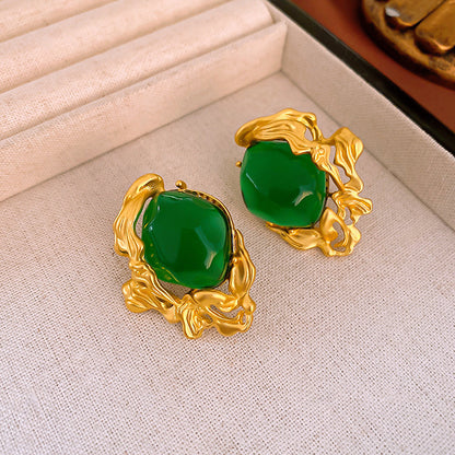 Round Enamel Stud Earrings For Women With Resin And Rhinestone Inlay, Electroplated Gold Plating Process