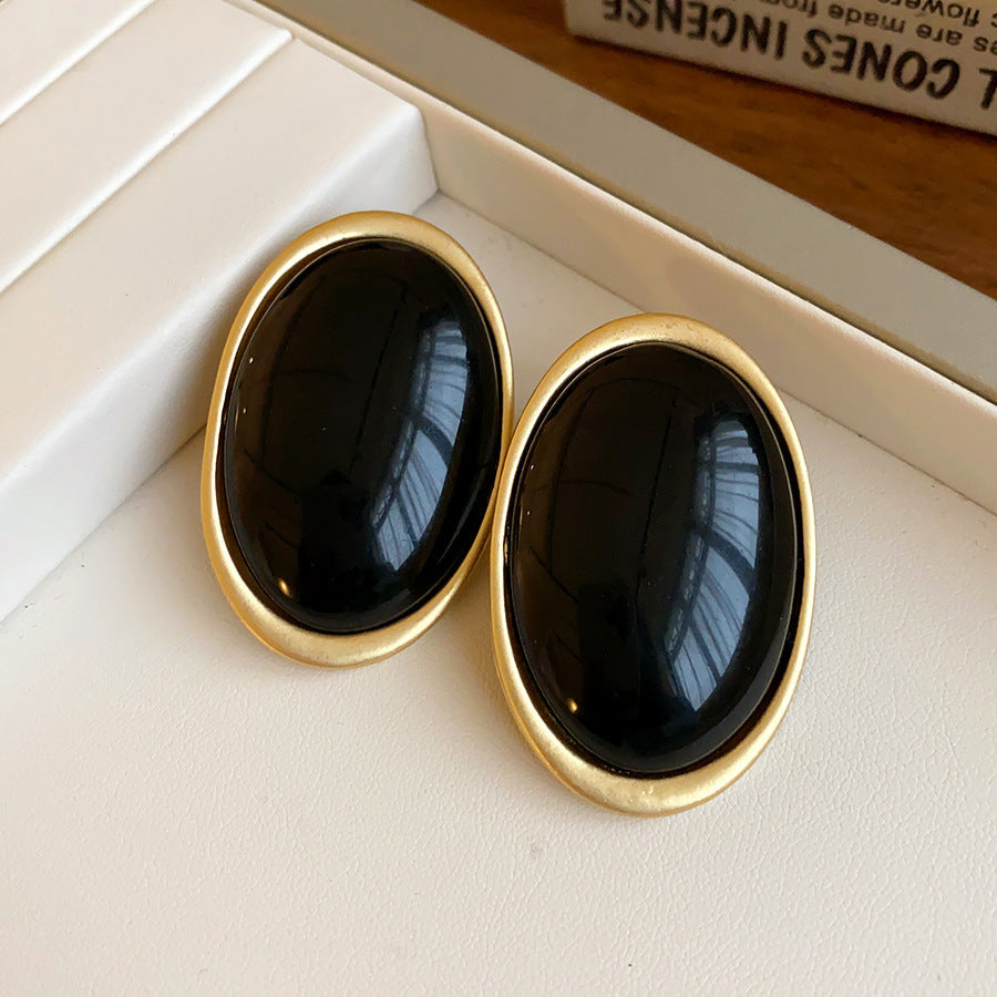 Round Enamel Stud Earrings For Women With Resin And Rhinestone Inlay, Electroplated Gold Plating Process