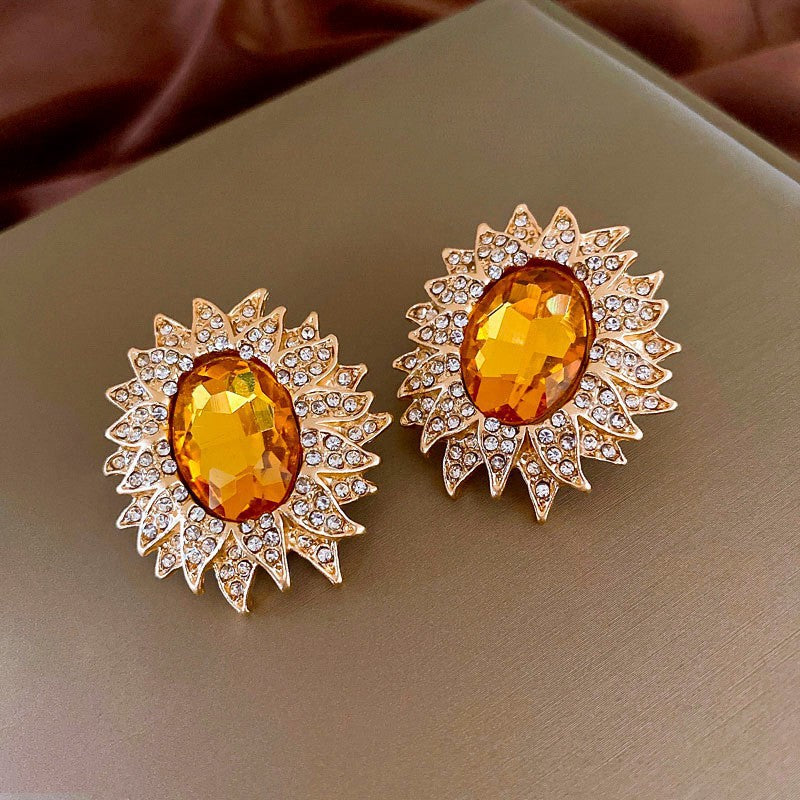 Round Enamel Stud Earrings For Women With Resin And Rhinestone Inlay, Electroplated Gold Plating Process