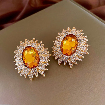 Round Enamel Stud Earrings For Women With Resin And Rhinestone Inlay, Electroplated Gold Plating Process
