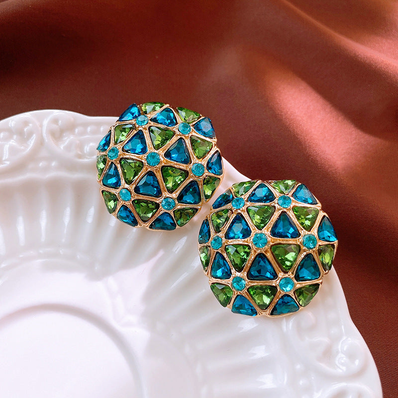 Round Enamel Stud Earrings For Women With Resin And Rhinestone Inlay, Electroplated Gold Plating Process