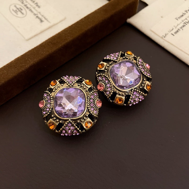 Round Enamel Stud Earrings For Women With Resin And Rhinestone Inlay, Electroplated Gold Plating Process