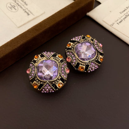 Round Enamel Stud Earrings For Women With Resin And Rhinestone Inlay, Electroplated Gold Plating Process