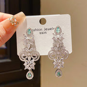 25#Silver Needle Zircon Round Flower Drop Earrings
