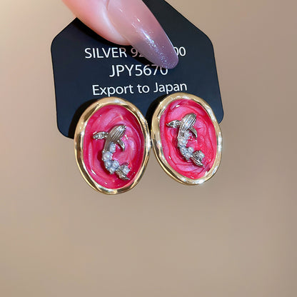 Geometric Enamel Earrings For Women In Retro Style Featuring Red Metal Design
