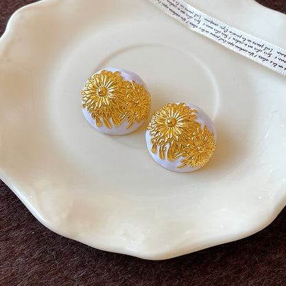 Round Enamel Stud Earrings For Women With Resin And Rhinestone Inlay, Electroplated Gold Plating Process