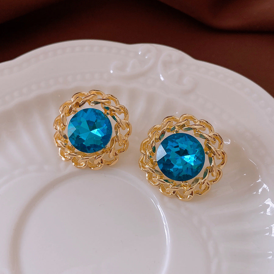 Round Enamel Stud Earrings For Women With Resin And Rhinestone Inlay, Electroplated Gold Plating Process