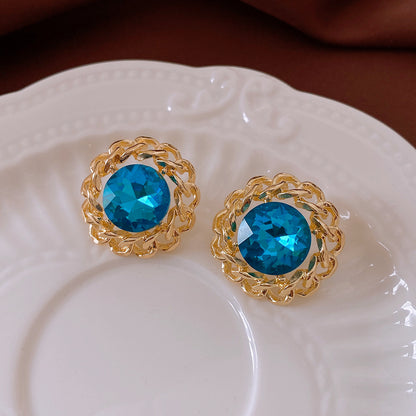 Round Enamel Stud Earrings For Women With Resin And Rhinestone Inlay, Electroplated Gold Plating Process