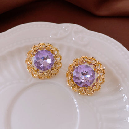 Round Enamel Stud Earrings For Women With Resin And Rhinestone Inlay, Electroplated Gold Plating Process
