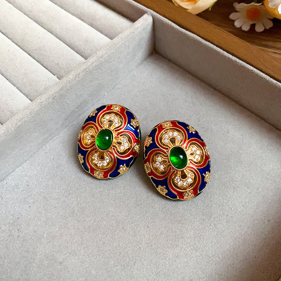 Round Enamel Stud Earrings For Women With Resin And Rhinestone Inlay, Electroplated Gold Plating Process